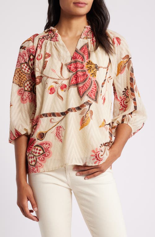 Bobeau Floral Smock Neck Top in Pink/Brown Paisley 