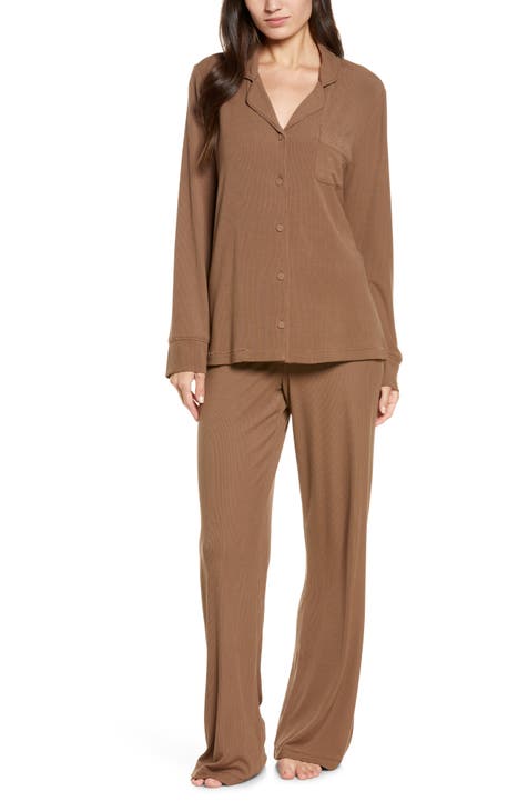 Women's Thermal Ribbed Knit Long Sleeve Top And Pants Pajama Set