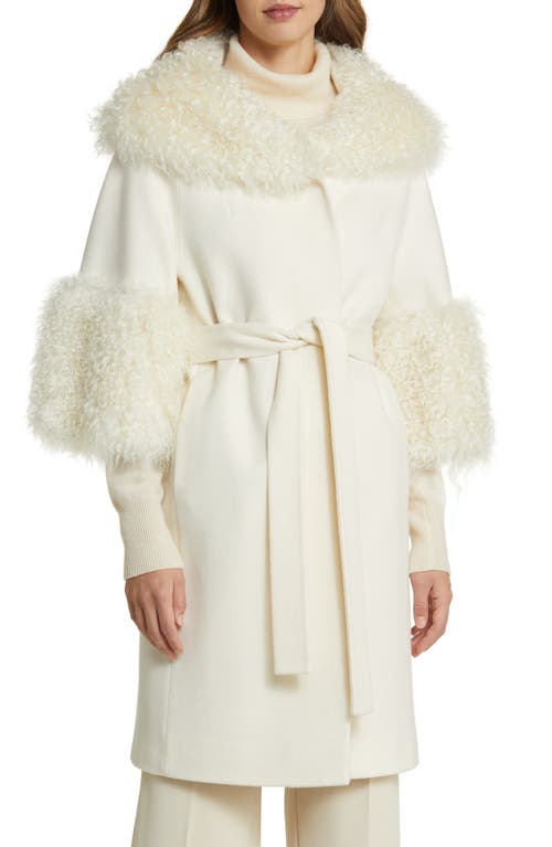 Remy Mohair Blend Trim Belted Wool Coat in Parchment