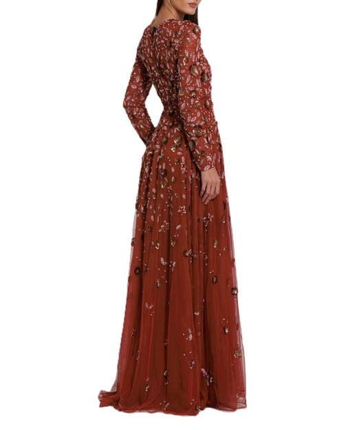Mac Duggal Embellished High Neck Long Sleeve A-line Gown In Cinnamon