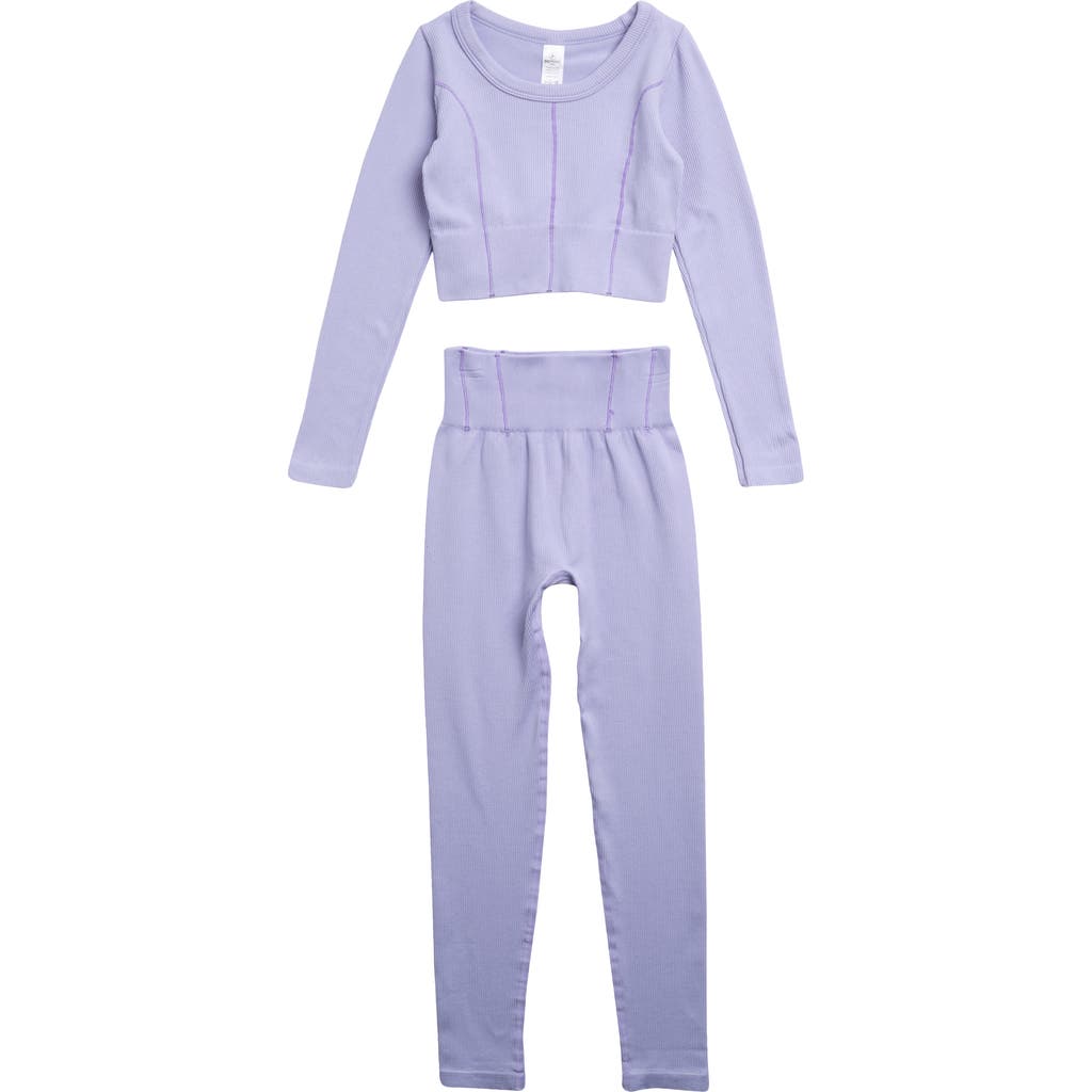 Shop 90 Degree By Reflex Kids' Ribbed Long Sleeve Crop Top & Leggings Set In Purple Heather/lavender