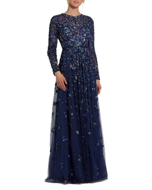 Mac Duggal Embellished High Neck Long Sleeve A-line Gown In Navy