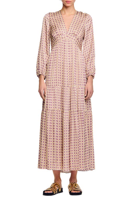 Sandro Jayane Long Sleeve Satin Maxi Dress In Ecru / Pink