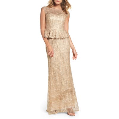 La Femme Embellished Lace Peplum Gown, Beige