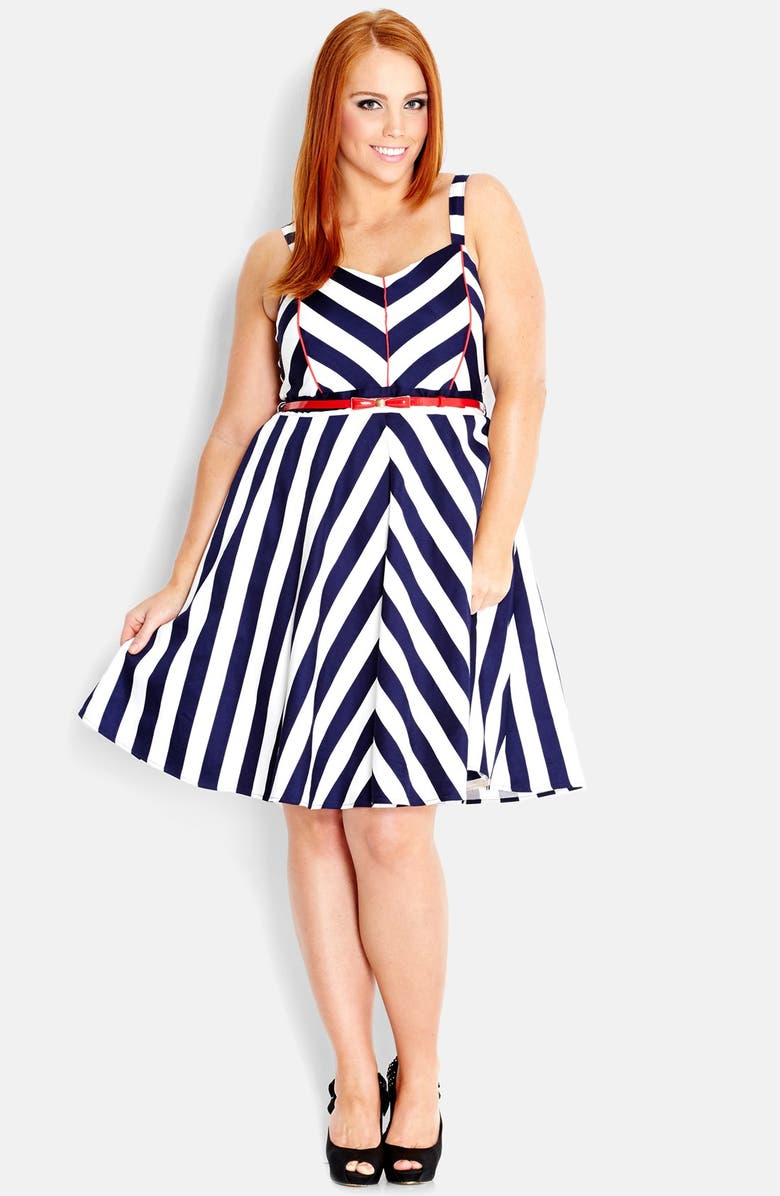 City Chic 'Sail Away' Belted Stripe Fit & Flare Dress (Plus Size ...