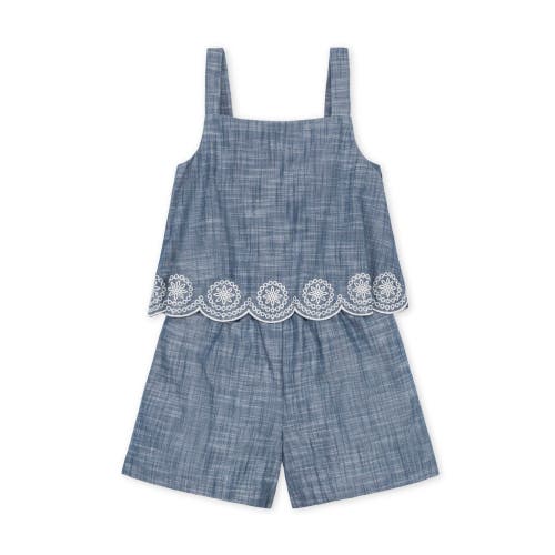 Hope & Henry Girls' Organic Faux Tank Scallop Edge Chambray Romper, Toddler In Chambray Embroidery