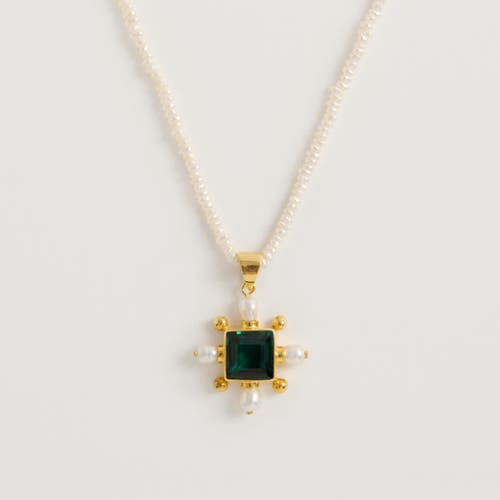 Freya Rose Seed Pearl Necklace With Green Quartz Cross Pendant In Ivory