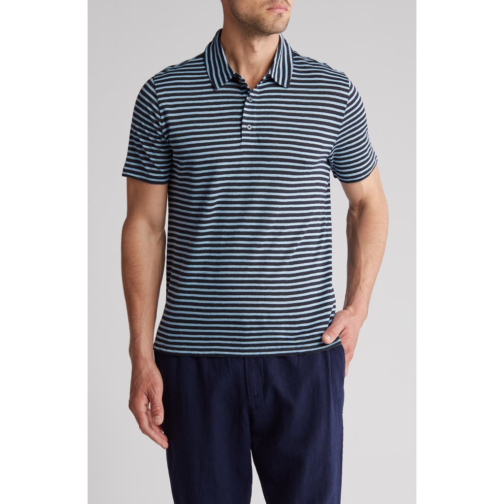 Shop Vince Stripe Short Sleeve Linen Polo In Coastal/delft