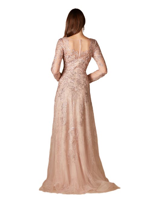 Lara New York Long Bell Sleeve V-neck Beaded Gown In Blush