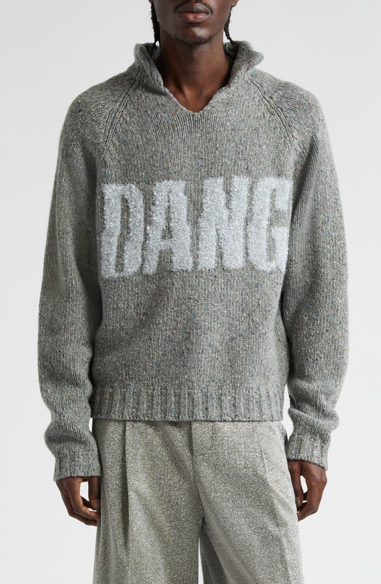 Shop Erl Glitter Dangerous Open Neck Wool Blend Sweater In Grey Melange