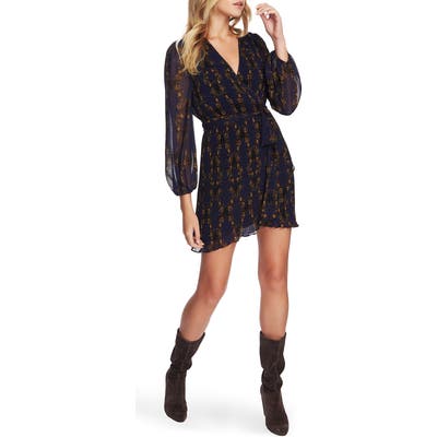 1.state Print Plisse Long Sleeve Wrap Dress, Blue