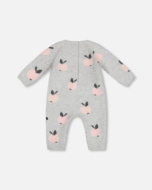 Shop Deux Par Deux Baby Girl's Knitted Jacquard Jumpsuit Gray With Apples In Light Grey Mix