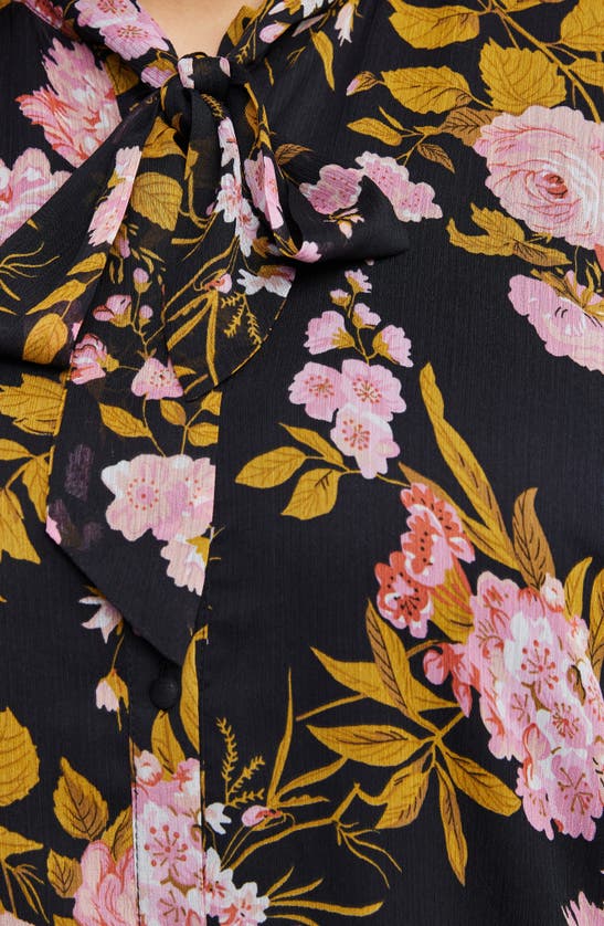 Shop Estelle Marabella Floral Print Ruffle Tie Neck Dress In Black/ Pink Print