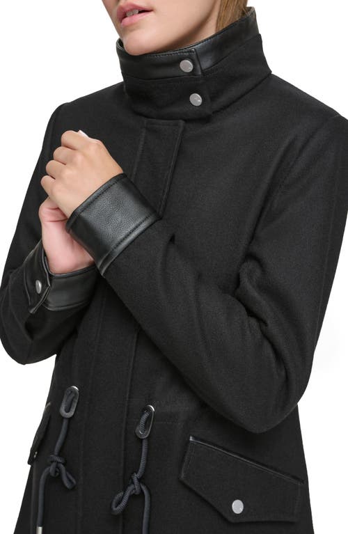 Shop Andrew Marc Feather Leather Trim Wool Blend Coat In Black