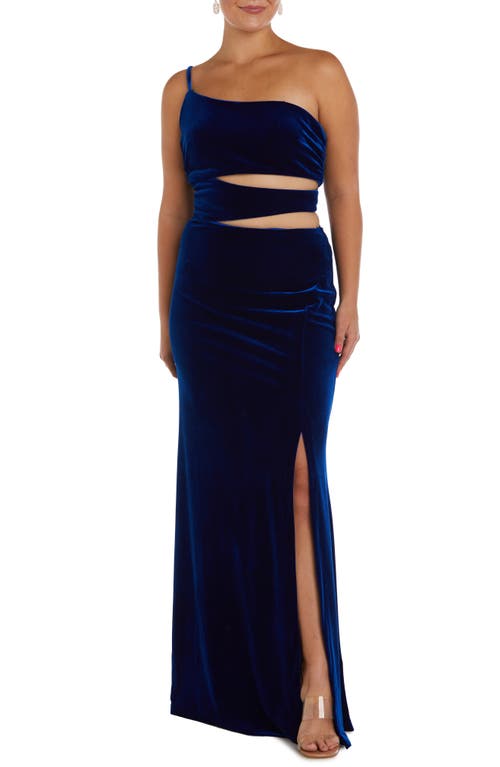 Cutout One-Shoulder Stretch Velvet Gown in Royal