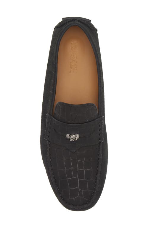 Shop Versace Croc Embossed Coin Penny Driving Loafer In Black-ruthenium