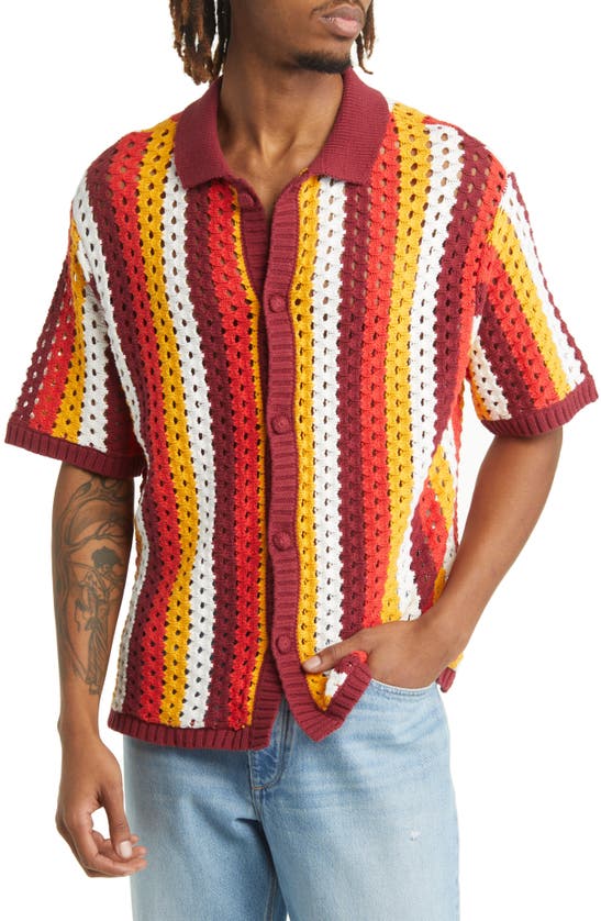 Native Youth Stripe Crochet Short Sleeve Cotton Cardigan In Red