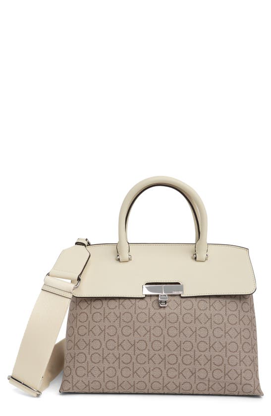 Calvin Klein Becky Convertible Flap Satchel In Almond Taupe/ C White