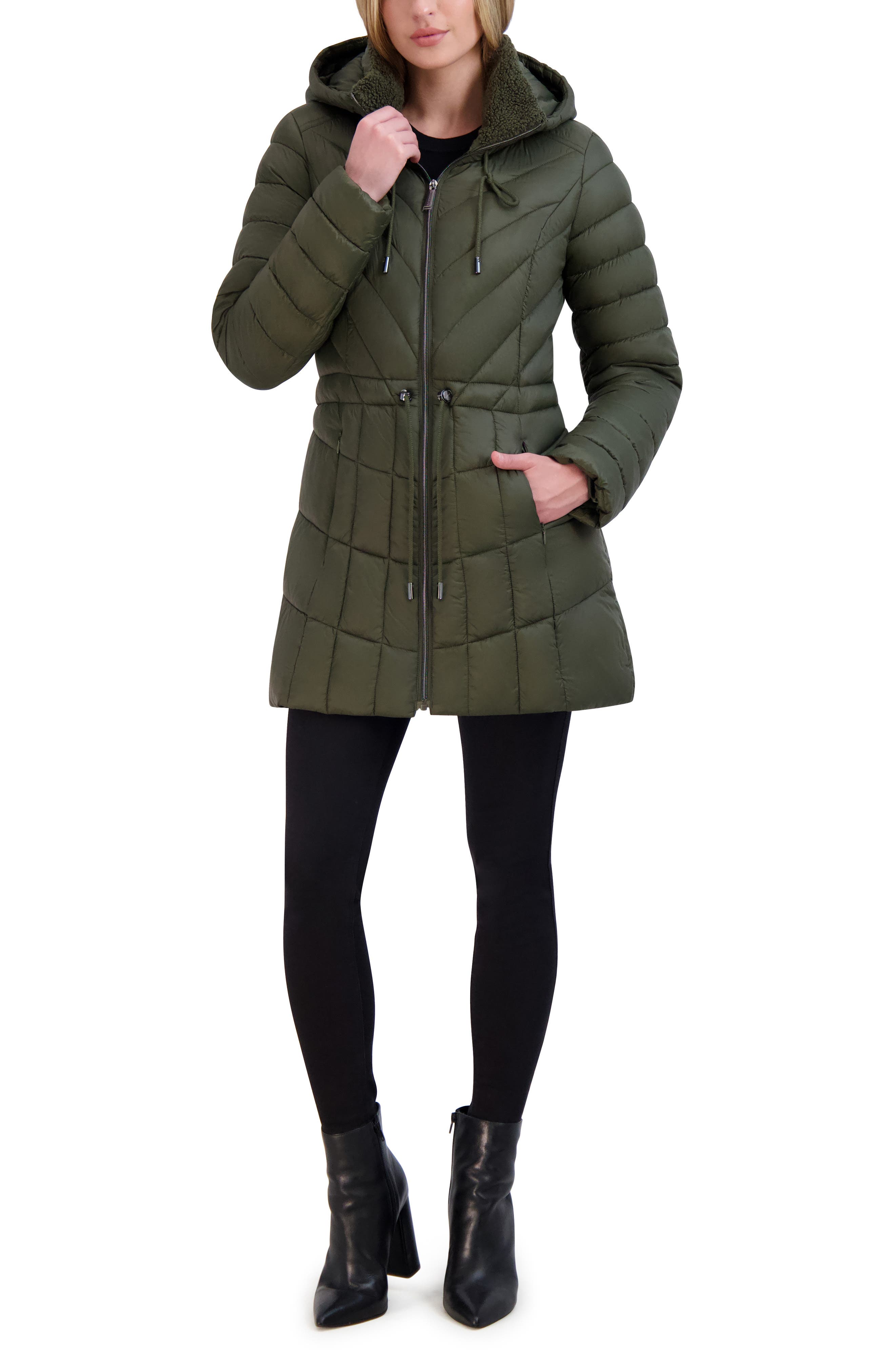 Sally Gingham Puffer w/ Shearling Collar Jacket main image 1
