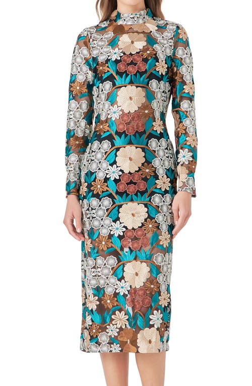 Endless Rose Floral Embroidered Long Sleeve Dress In Green Multi