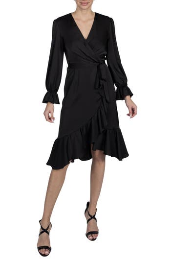 Julia Jordan Ruffle Detail Wrap Front Long Sleeve Dress In Black