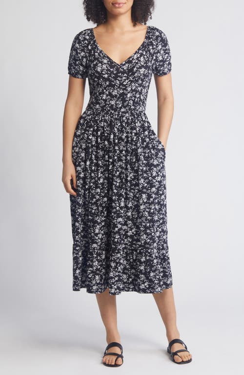 Loveappella Floral Short Sleeve Midi Dress In Black/ivory