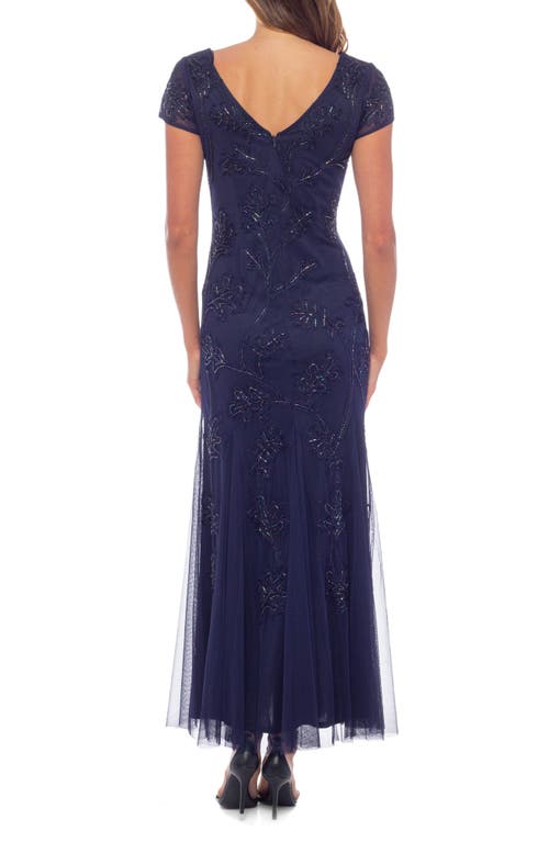 Shop Marina V-neck Beaded Gown In Navy