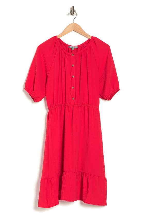 Good Luck Gem Shirred Puff Sleeve Button Front Placket Midi Dress In Red