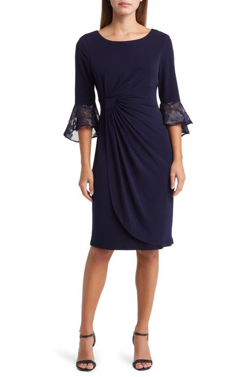 Long Sleeve Faux Wrap Cocktail Dress in Midnight