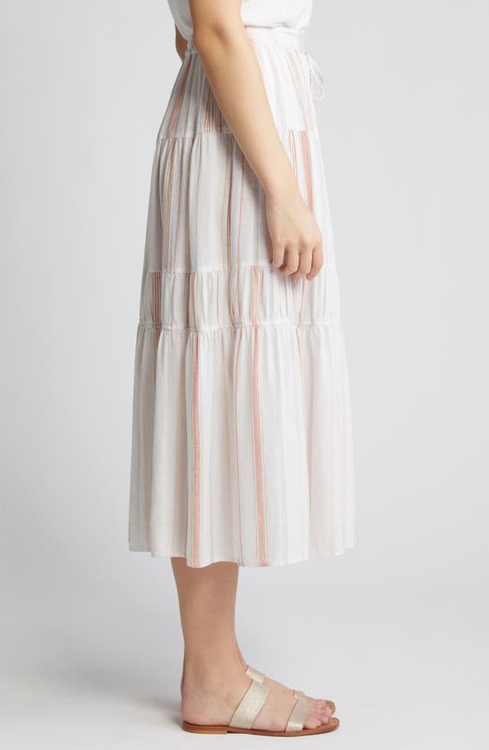 Shop Caslon Stripe Tiered Linen Blend Midi Skirt In White- Tan Taylor Stripe