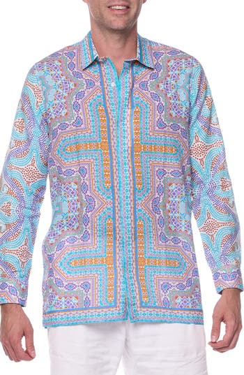 Ranee's Ranees Geometric Print Linen & Cotton Blend Button-up Shirt In Baby Blue