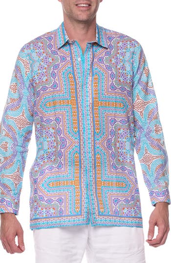 Ranee's Ranees Geometric Print Linen & Cotton Blend Button-up Shirt In Blue