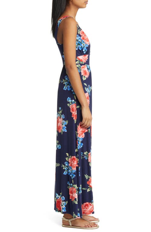 Loveappella Floral Surplice V-neck Knit Maxi Dress In Navy/red