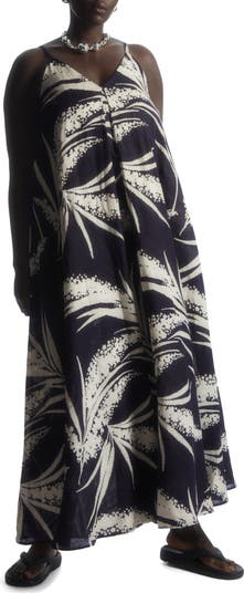 Jazelle Maxi Dress In Navy Palm Print Linen Blend