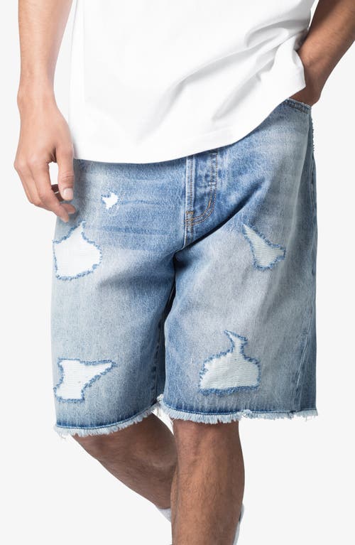 Shop Mnml Elongated Ripped Denim Shorts In Vintage Blue