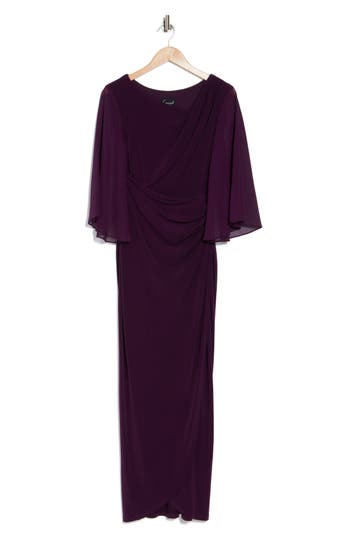 Connected Apparel Chiffon Cape Sleeve Side Ruched Gown In Aubergine
