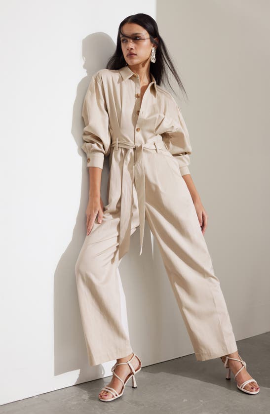 Shop & Other Stories Tie Waist Wide Leg Jumpsuit In Beige Dusty Light