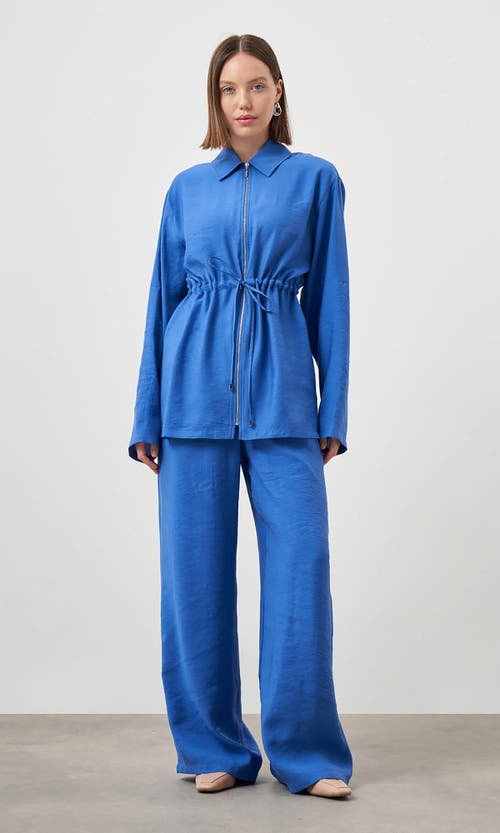 Shop Mizalle Cinched Waist Shirt Jacket In Blue