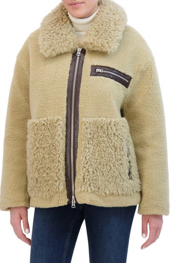 Hudson Jeans Faux Leather & Faux Shearling Zip-up Jacket In Natural