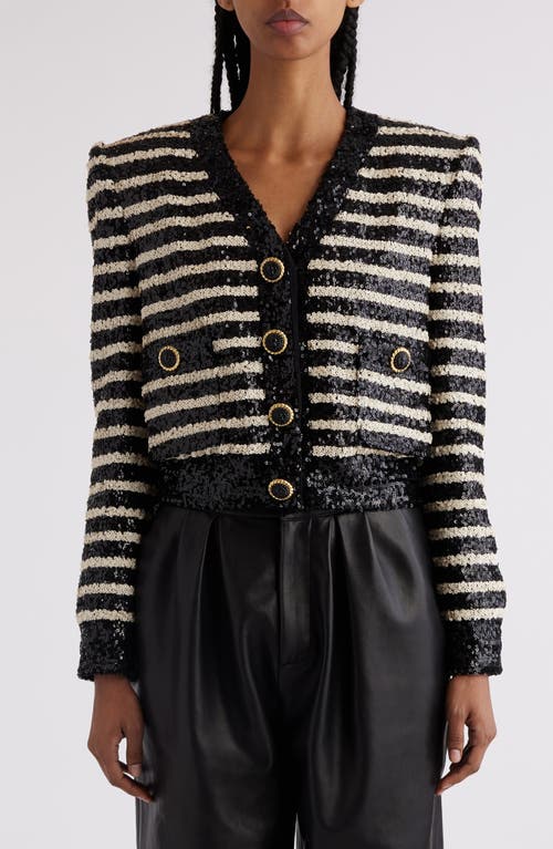 Shop Balmain Stripe Sequin Jacket In Black/white