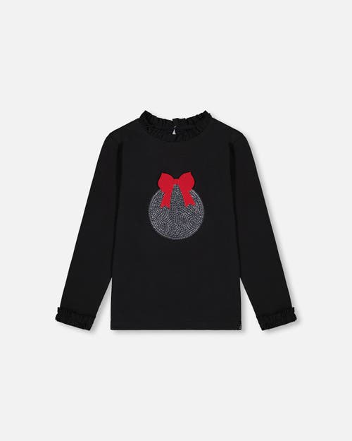 Deux Par Deux Little Girl's T-shirt With Frill And Print Black In Anthracite