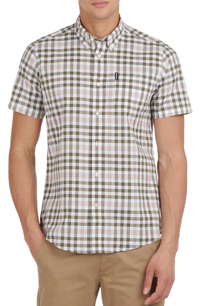 BARBOUR Tailored Fit Gingham Check Short Sleeve Button-Down Shirt, Main, color, MID OLIVE