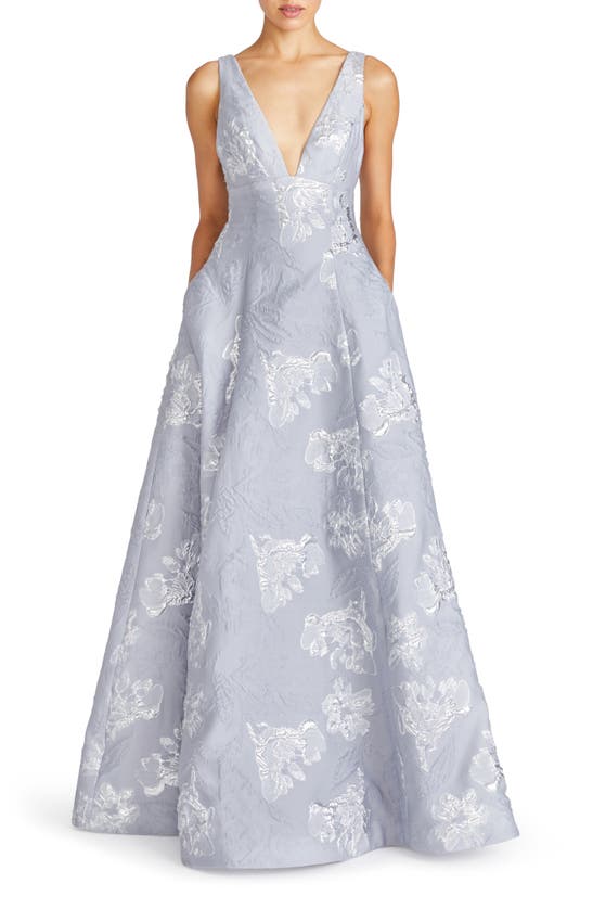 Shop ml Monique Lhuillier Madeline Jacquard Gown In Silver