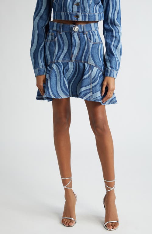 Sunray Stripe Ruffle Hem Denim Miniskirt in Indigo Multi