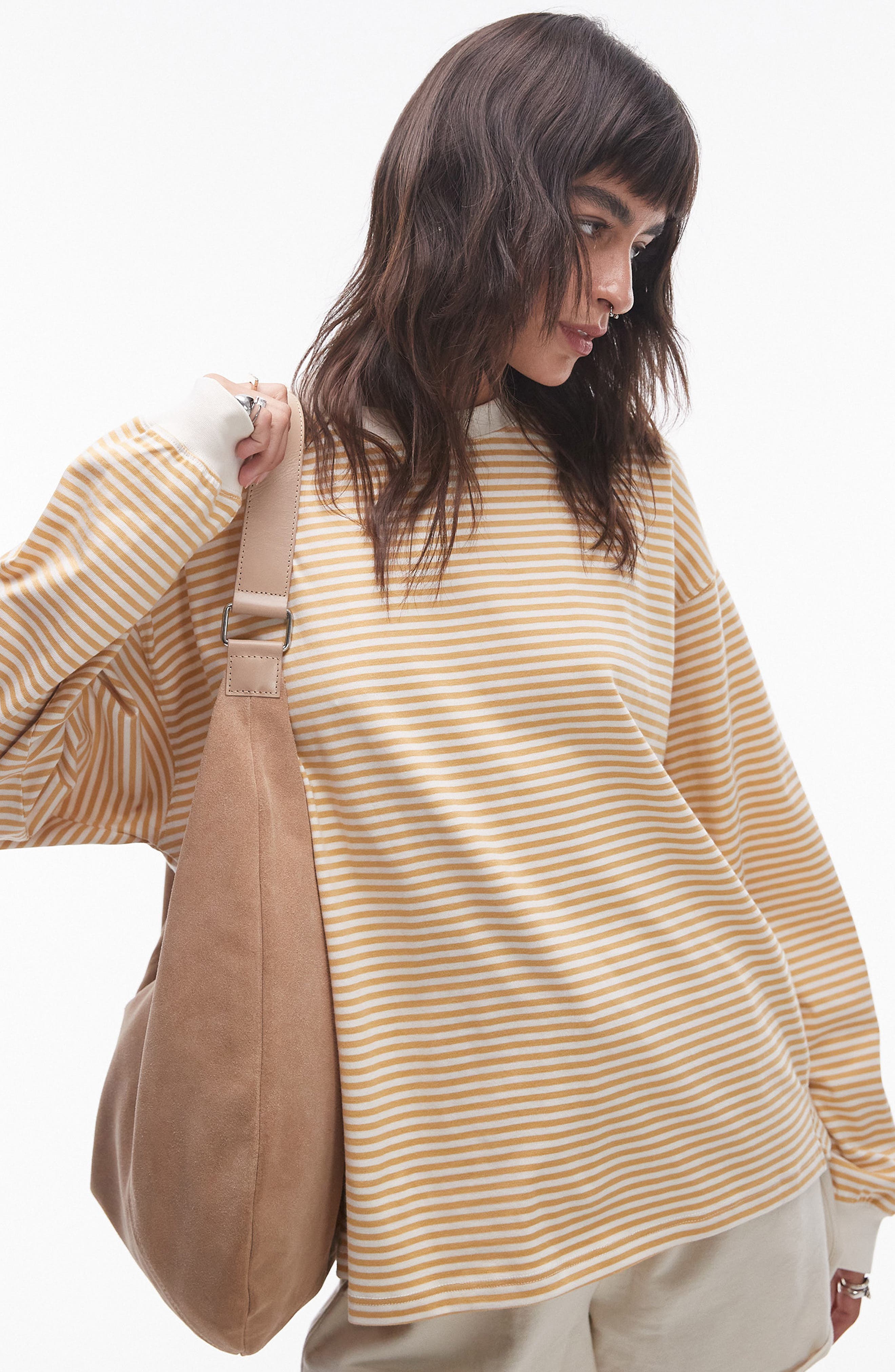Topshop Oversize Stripe Long Sleeve T-Shirt in Mustard 
