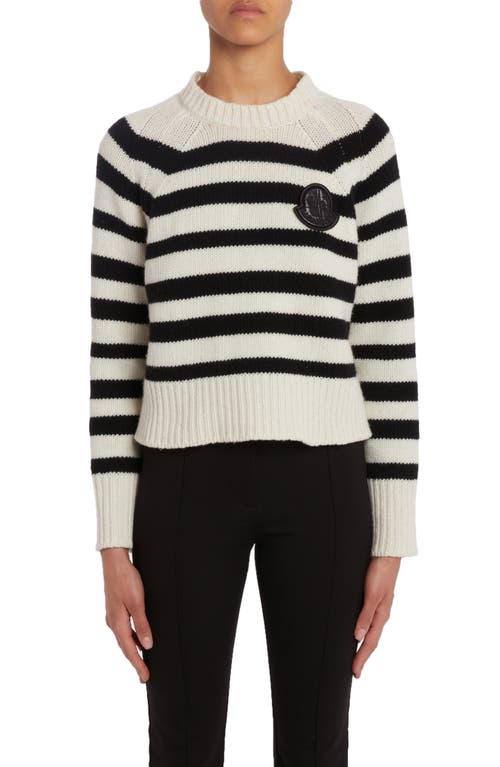 Moncler Stripe Logo Patch Wool Sweater White at Nordstrom,