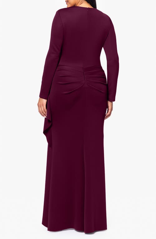 Xscape Evenings Side Ruffle Long Sleeve Scuba Gown In Wine