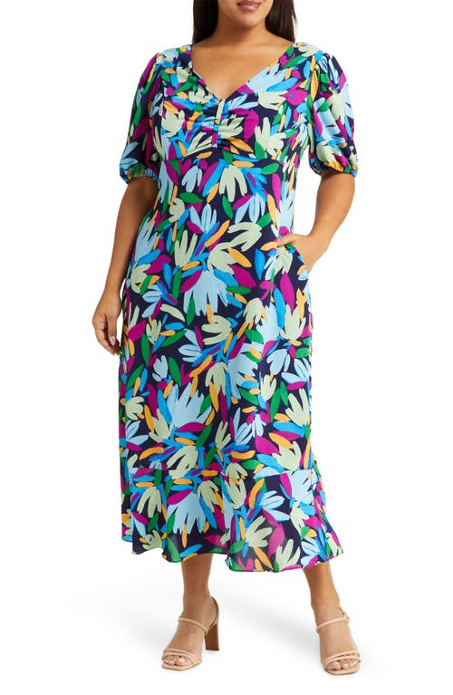 Donna Morgan Floral Print Ruffle Hem Dress in Navy/Lt. Blue