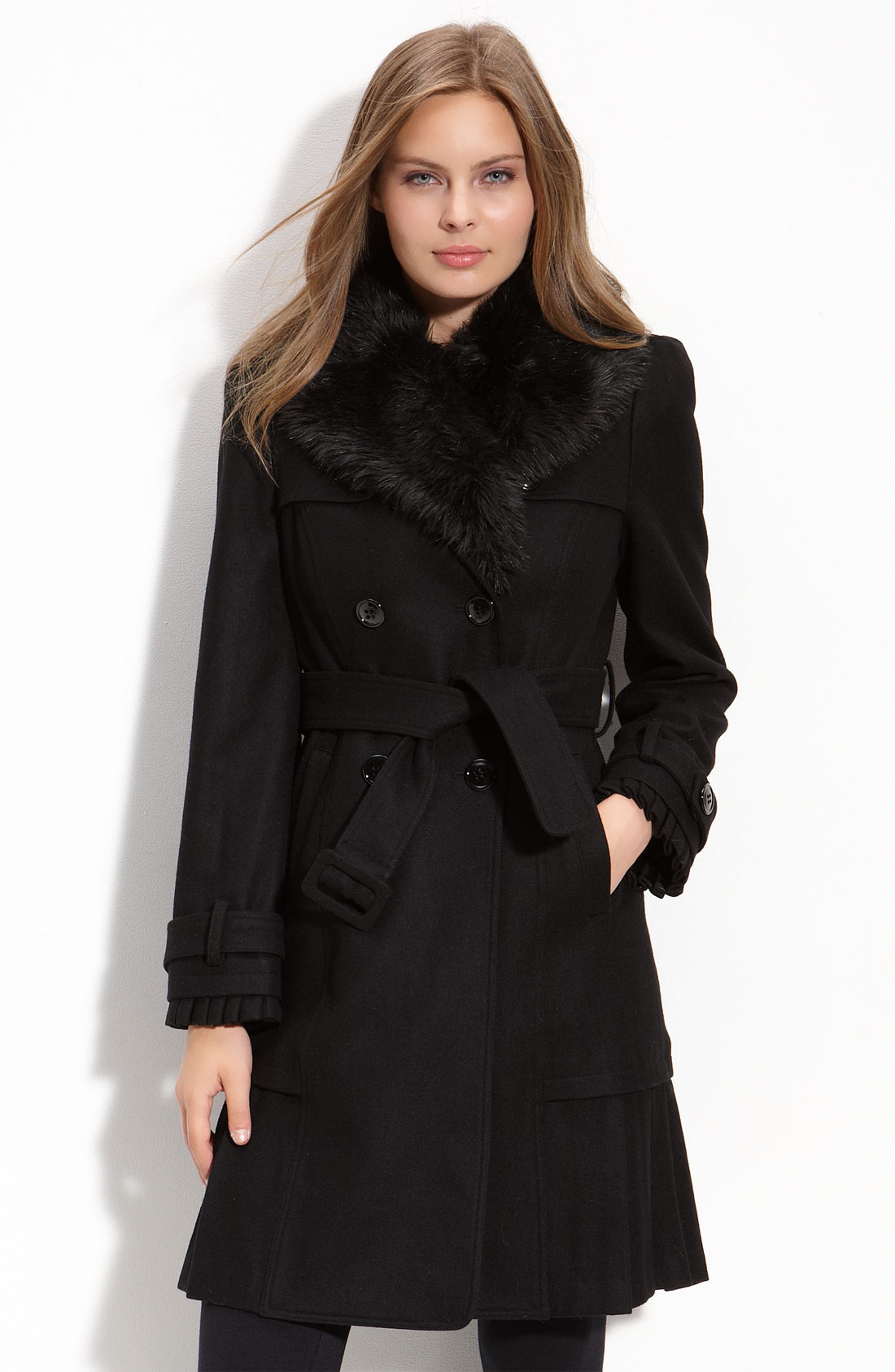 bebe Double Breasted Coat with Detachable Faux Fur | Nordstrom