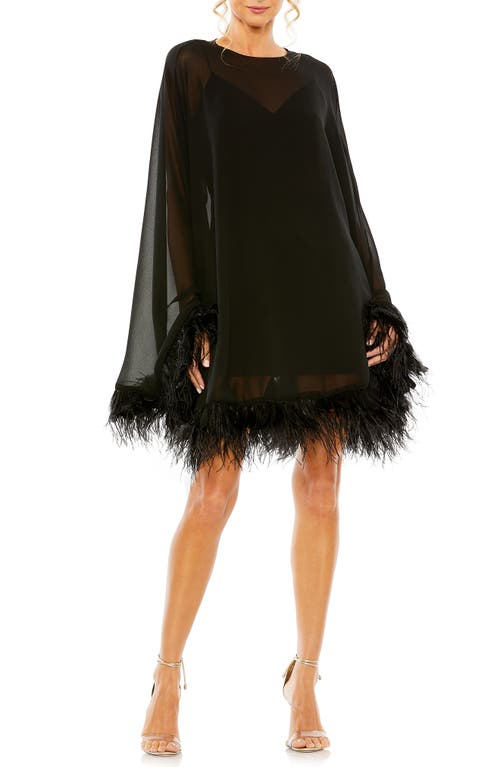 Mac Duggal Long Sleeve Feather Trim Trapeze Minidress Black at Nordstrom,